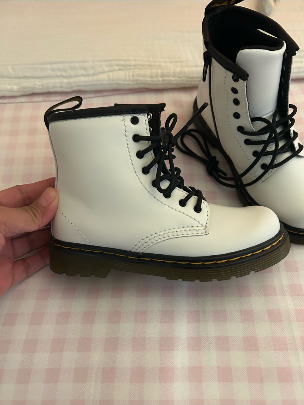 Dr. Martens White and Black Kids Combat Boots - Picture 2 of 5